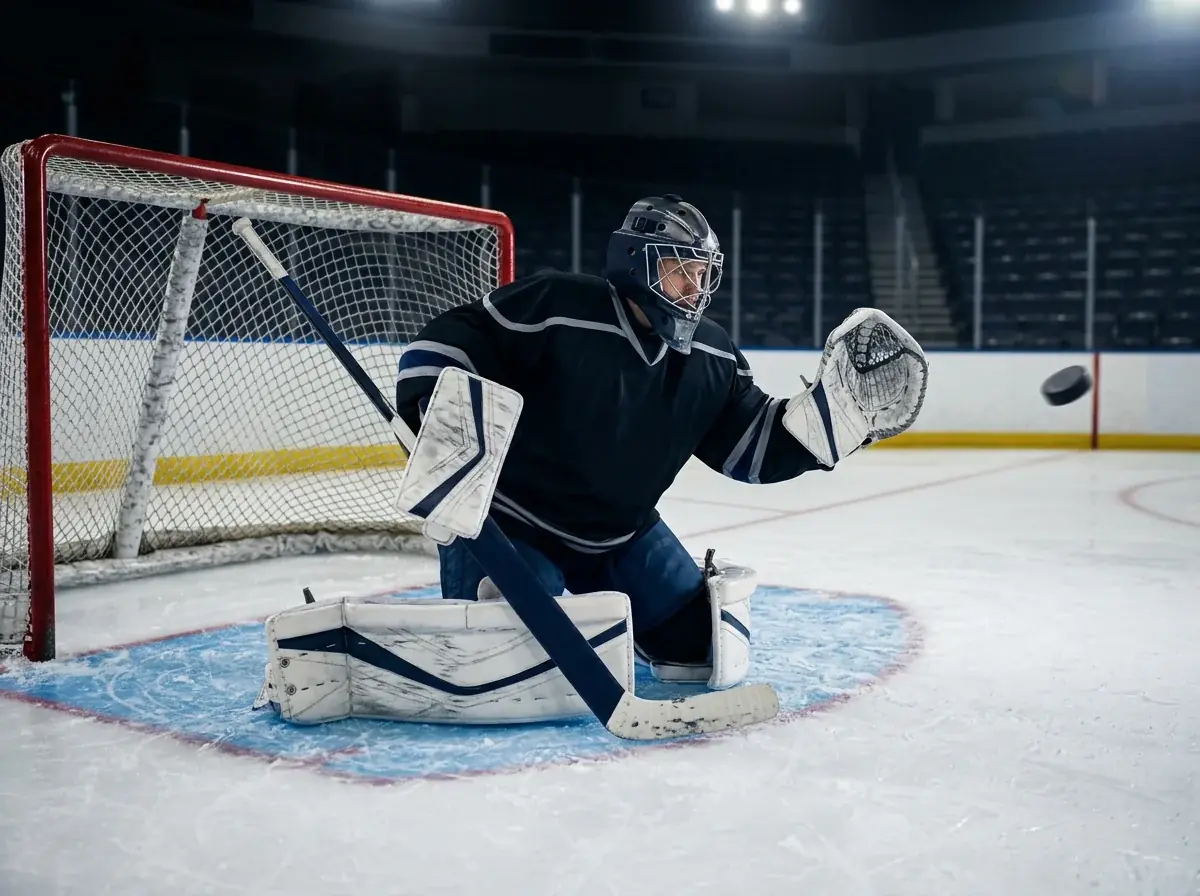Guarda-redes de hóquei no gelo NHL em posição de defesa