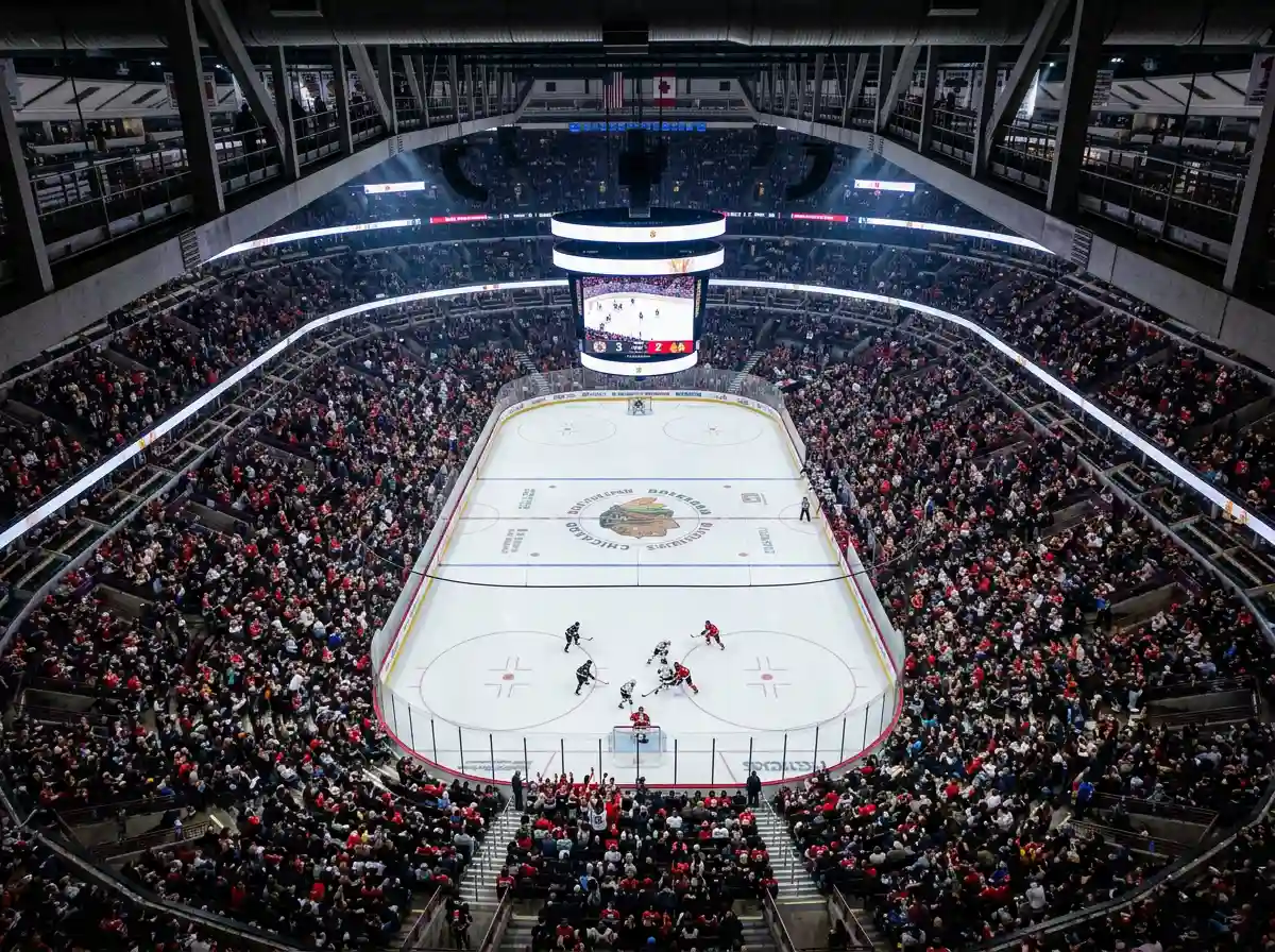 Vista aérea de arena de hóquei no gelo NHL durante jogo entre rivais de divisão