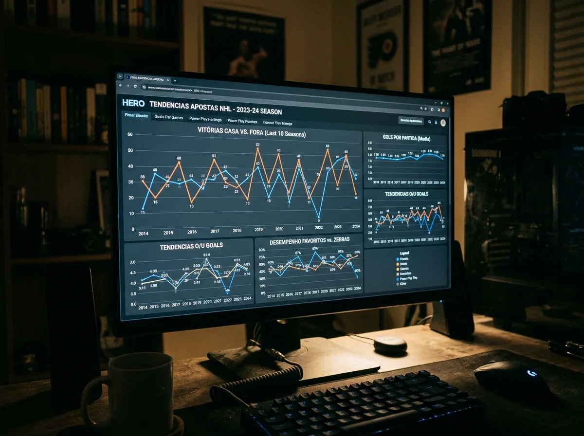 Gráfico de tendências estatísticas de hóquei no gelo NHL num ecrã de computador